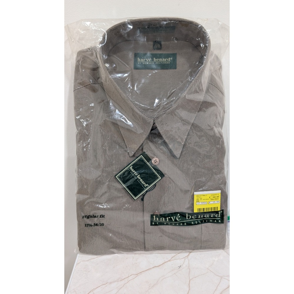 Harve Benard Vintage Mens Dress Shirt Tan Micro Check 17.5 34/35 Regular Fit